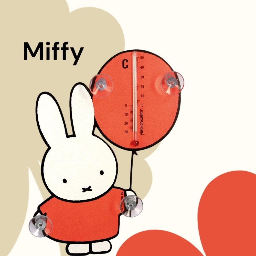 A red Miffy balloon thermometer with suction cups, suitable for indoor or outdoor use.