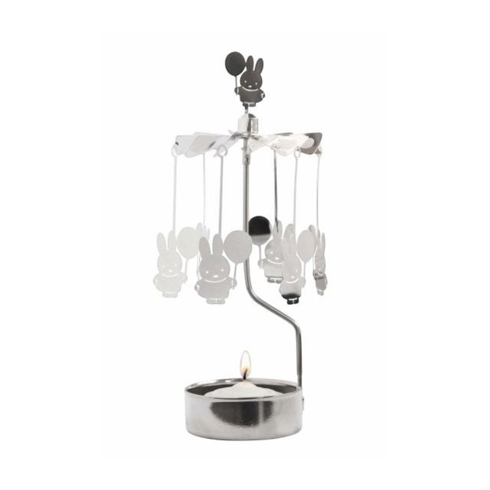 aelgmark Miffy bunny rotating candle holder with a lit candle and Miffy figures hanging from a carousel.