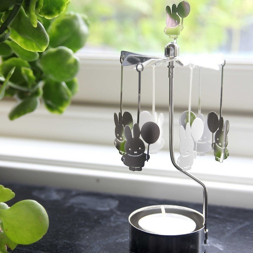 aelgmark Miffy bunny spinning candle holder with balloons, silver metal, includes tea light candle.