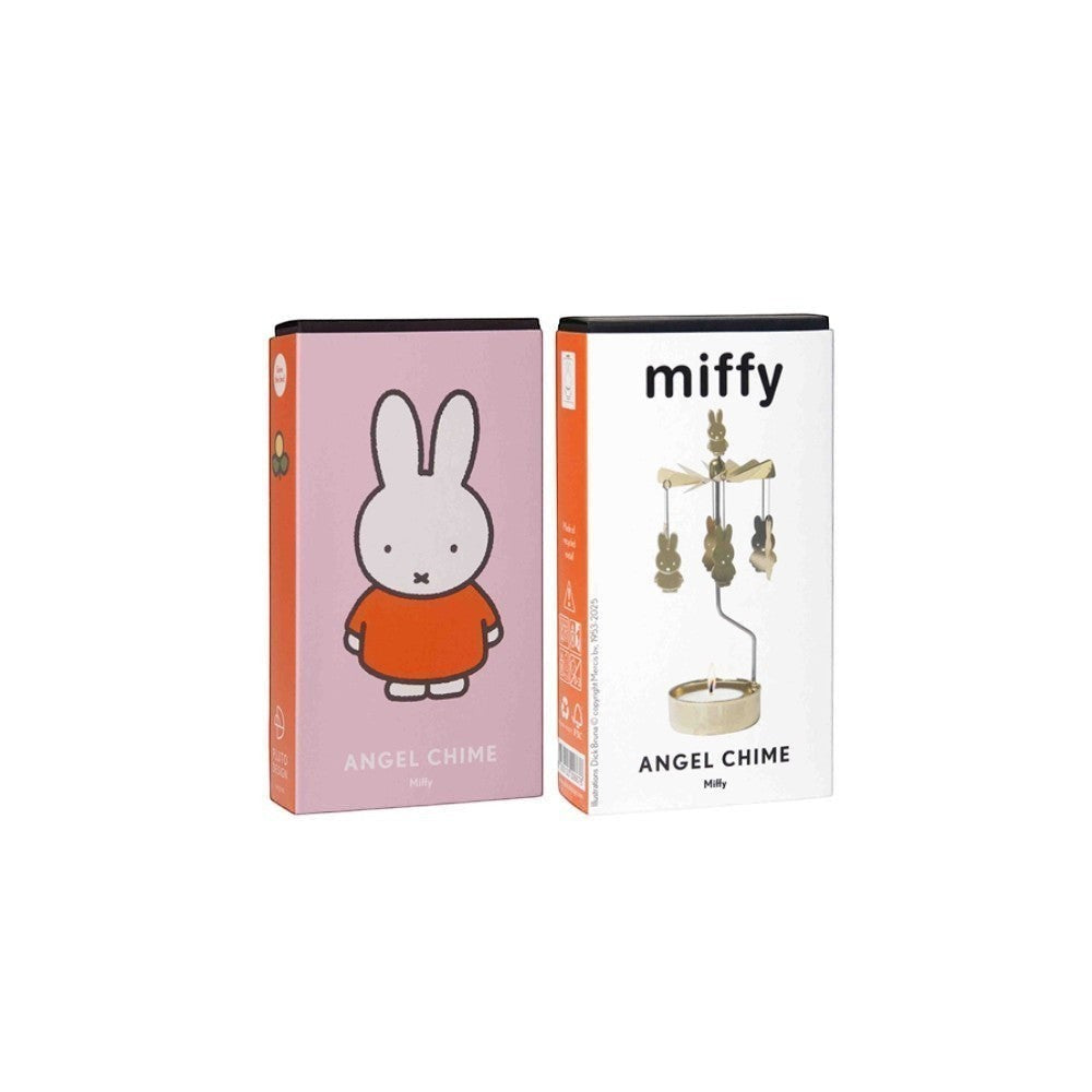 aelgmark Miffy angel chime rotating candle holder with gold bunnies and a candle.