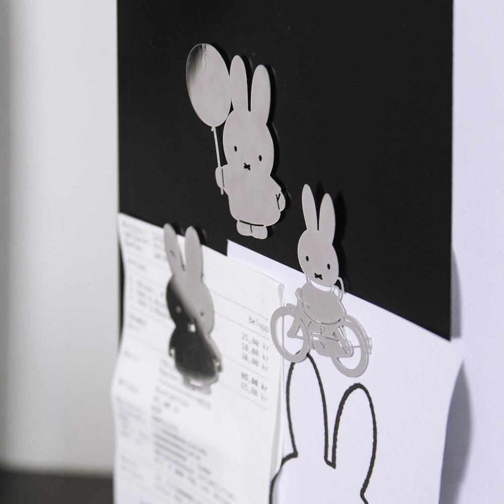 aelgmark Miffy magnets: silver metal Miffy with balloon and Miffy on a bicycle.