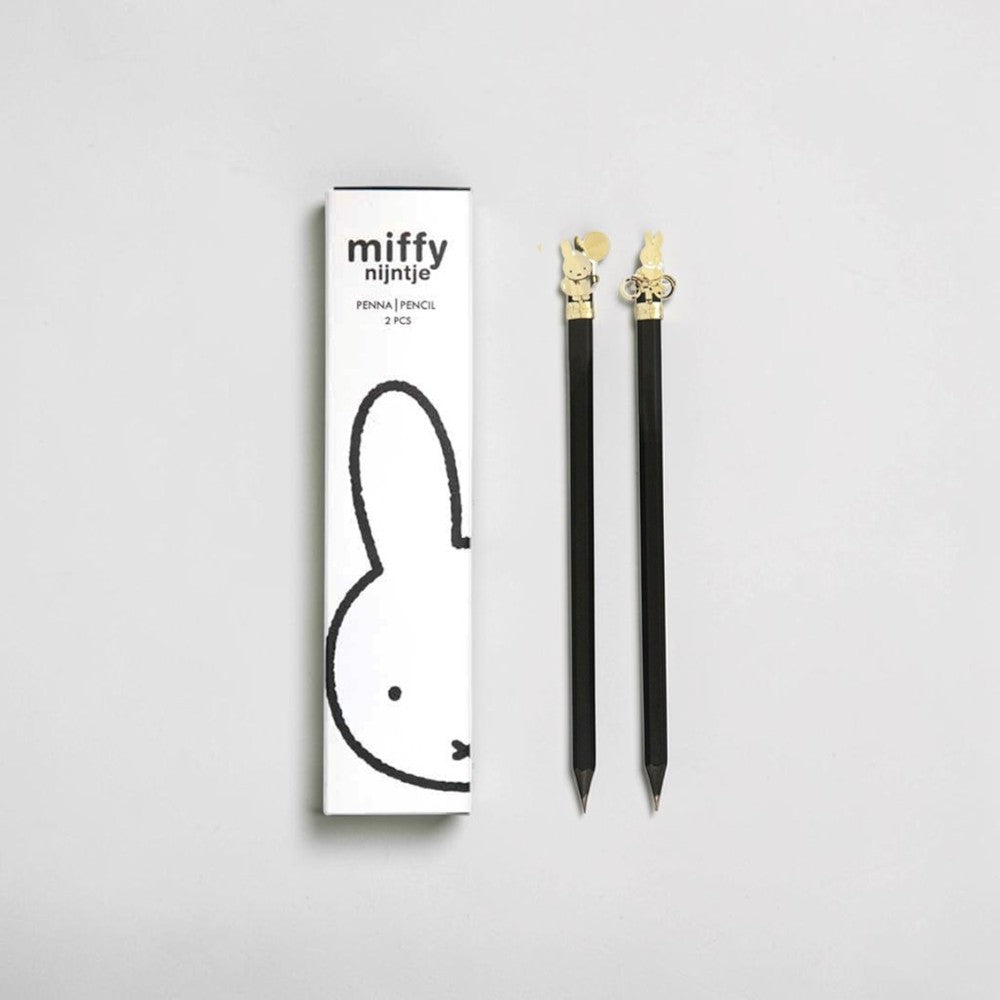 aelgmark black Miffy pencils with gold metal details, set of 2, in gift box packaging.