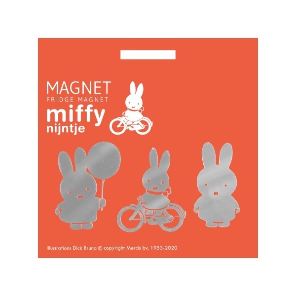 aelgmark Miffy fridge magnets, set of 3 silver Miffy bunny designs, one holding a balloon, one on a bicycle.