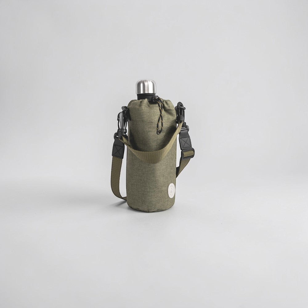 aelgmark military green rPET insulated water bottle holder with adjustable strap, drawstring closure, and hand strap.