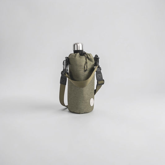 aelgmark military green rPET insulated water bottle holder with adjustable strap, drawstring closure, and hand strap.