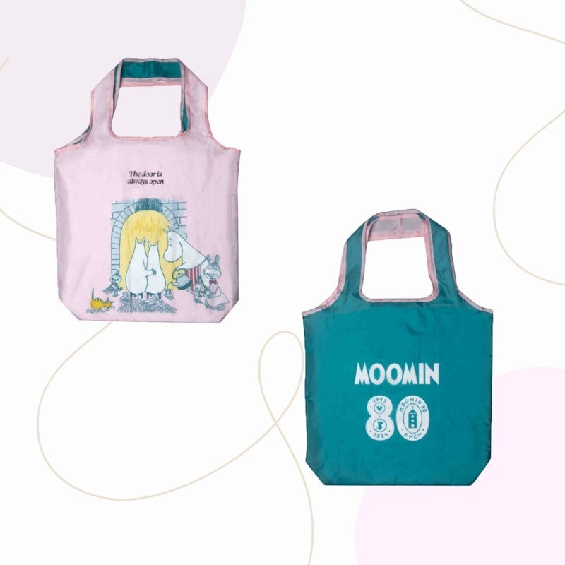 aelgmark Moomin 80th anniversary reusable shopping bags, one pink with Moomin characters, one teal with Moomin 80 logo. Made from 100% recycled PET.