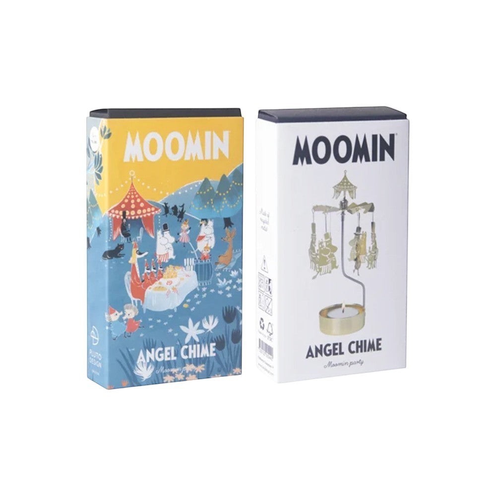 aelgmark Moomin party angel chime with rotating figures and candle holder. Features Moomin characters and festive design.