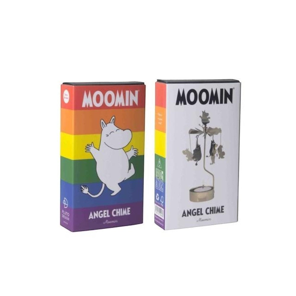 aelgmark Moomin Angel Chime candle holder with spinning figures and rainbow-colored box.