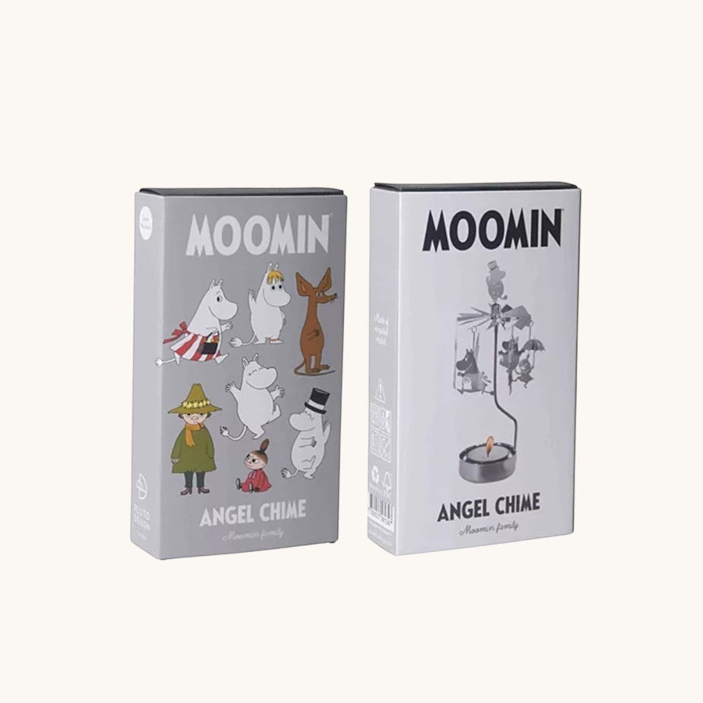 aelgmark Moomin family angel chime candle holder with spinning figures and included candle. Silver metal.