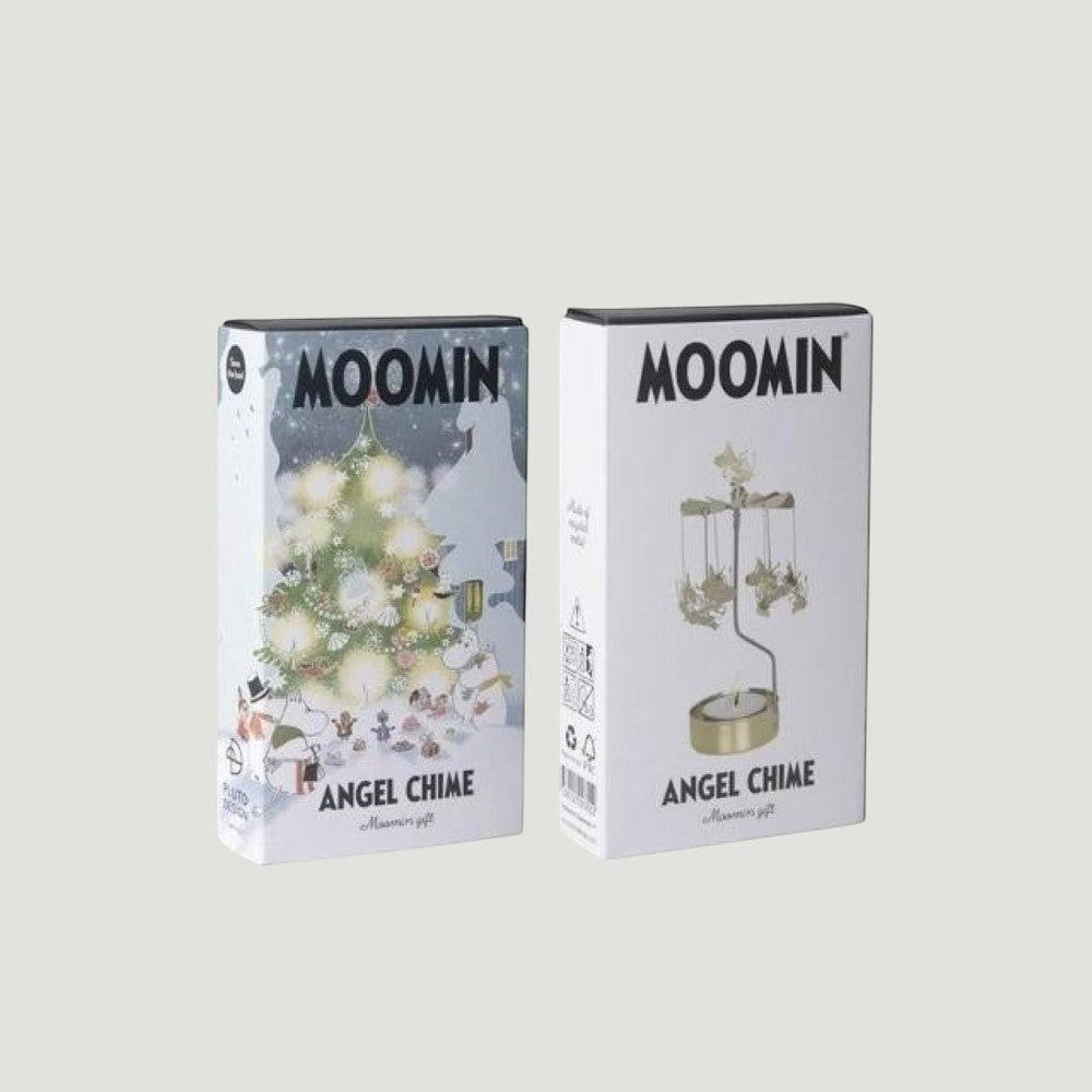 aelgmark Moomin Angel Chime rotating candle holder with gold-tone figures and a tea light base. Festive Christmas tree design on box.