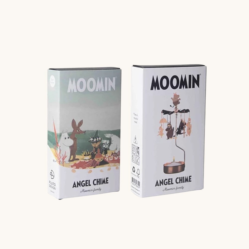 aelgmark Moomin family angel chime with copper-colored rotating candle holder and Moomin characters.
