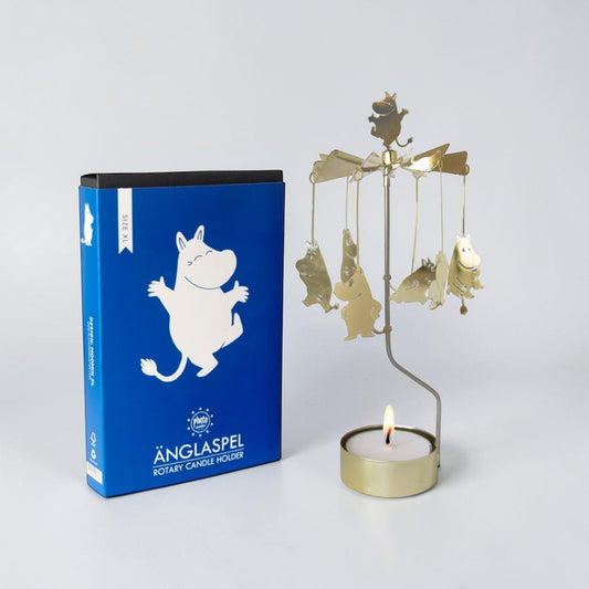 aelgmark Moomin carousel candle holder with Moomin characters, gold metal, includes tea light candle.
