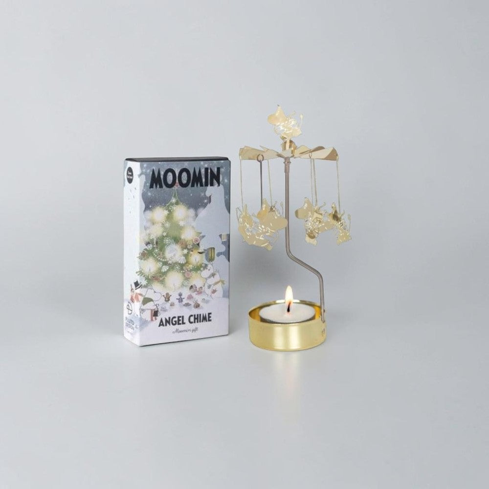 aelgmark Moomin carousel tea light candle holder with gold finish and Moomin characters swinging.