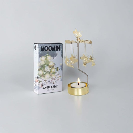 aelgmark Moomin carousel tea light candle holder with gold finish and Moomin characters swinging.