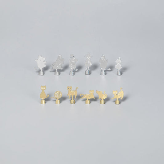 aelgmark Pluto Design Moomin and cat-shaped party wine glass charms in silver and gold metal.