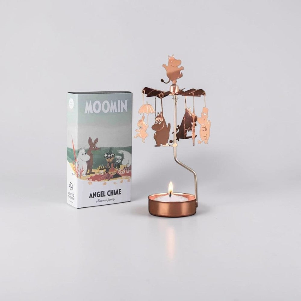 aelgmark Moomin family copper rotating candle holder with spinning charms and candle.