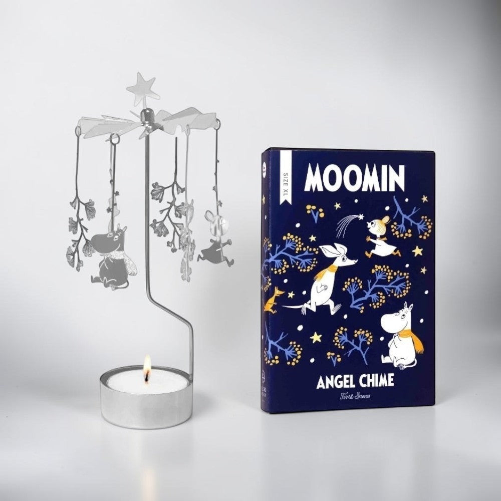 aelgmark Moomin First Snow angel chime candle holder with spinning Moomin figures and a lit tea light.
