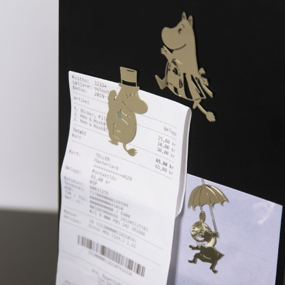 aelgmark Moomin gold metal magnets set of 3, featuring Moomintroll with hat, Moominmamma with bag, and Little My with umbrella.