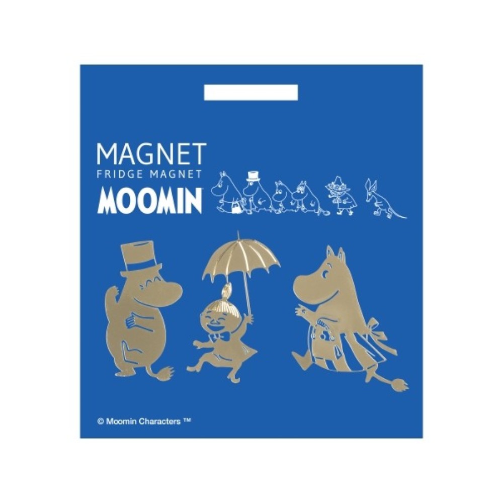 aelgmark Moomin fridge magnet set featuring golden Moomin characters with a hat, umbrella, and apron on a blue background.