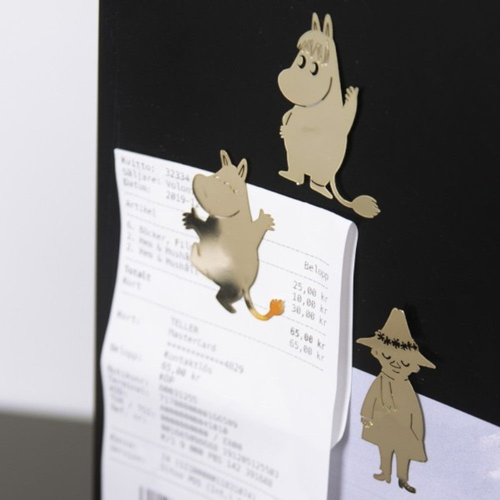 aelgmark Moomin golden metal magnets set of 3 featuring Moomintroll, Snorkmaiden, and Little My.