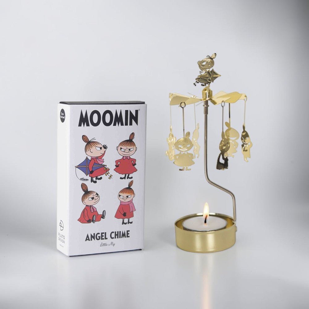 aelgmark Moomin Little My gold metal angel chime with spinning figures and lit candle.