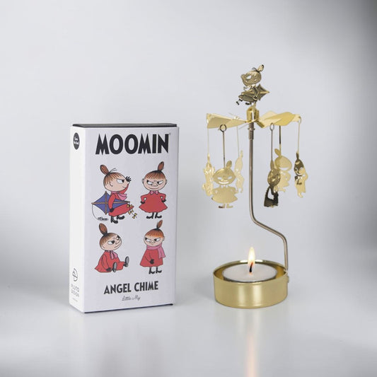 aelgmark Moomin Little My gold metal angel chime with spinning figures and lit candle.