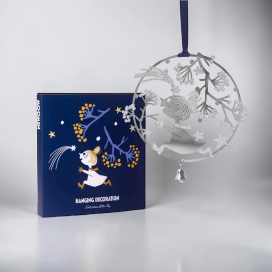 aelgmark silver Moomin Little My hanging decoration with bell and glitter accents, inspired by winter.