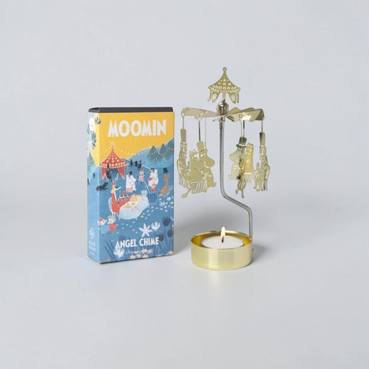 aelgmark Moomin party carousel candle holder with gold finish and Moomin characters. Includes tealight candle.