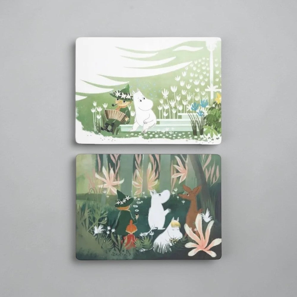 aelgmark Moomin characters on green forest and garden themed placemats, set of 2.