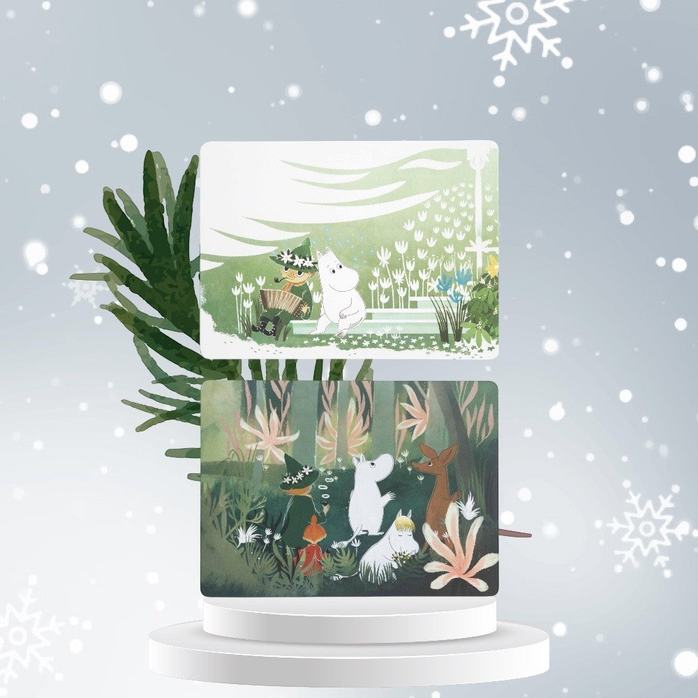 aelgmark Moomin illustration placemats, set of 2, featuring characters in a garden and forest scene.