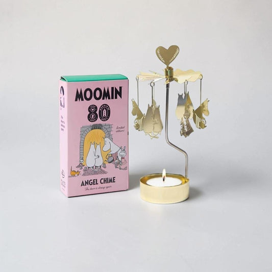 aelgmark Moomin 80th anniversary rotating candle holder with gold metal finish and hanging Moomin characters.