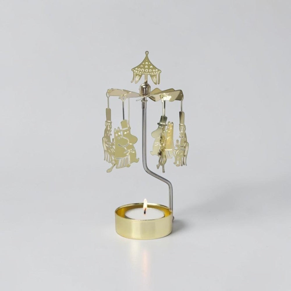 aelgmark Moomin party rotating candle holder with gold finish and Moomin characters. Includes a tealight candle.