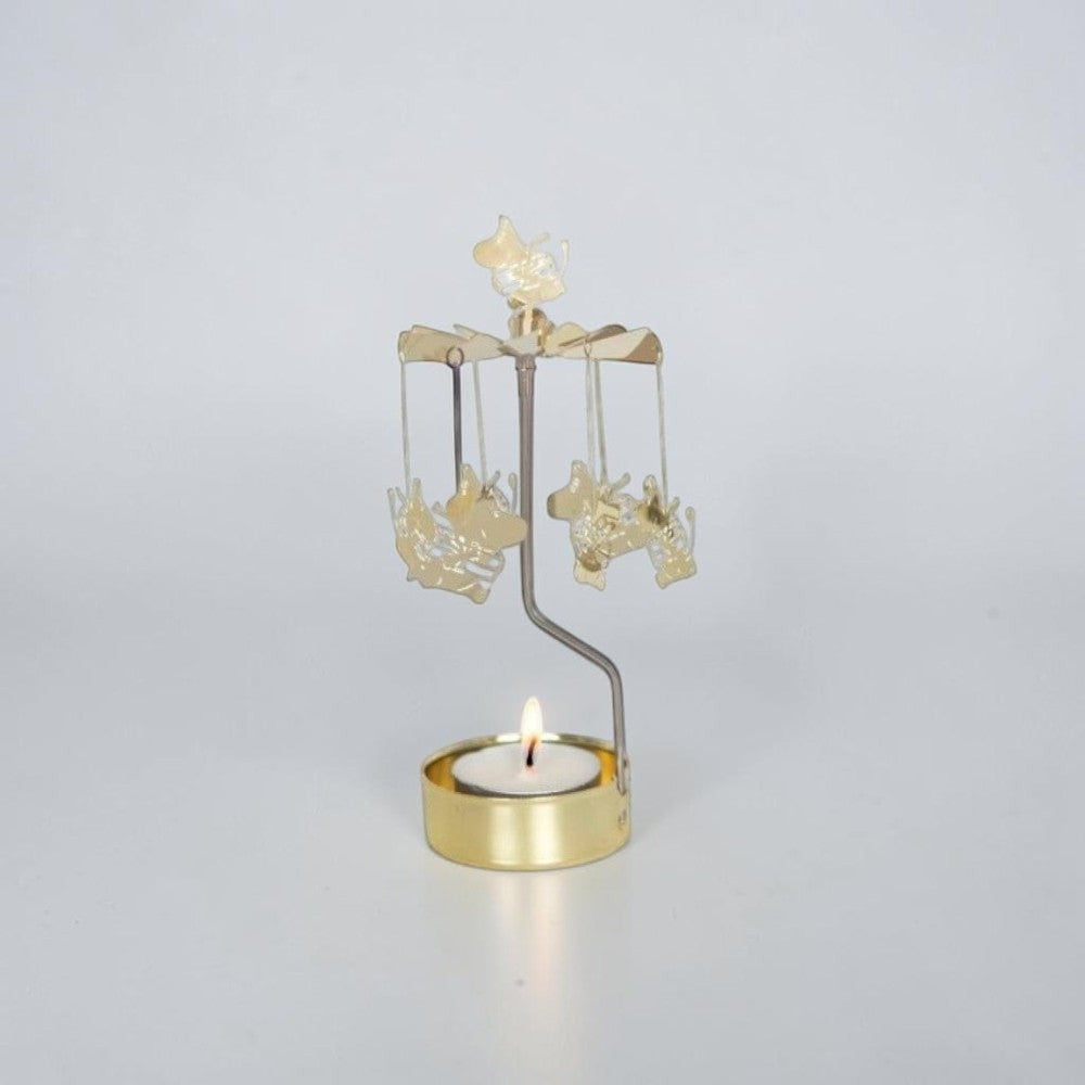 aelgmark Moomin gift rotating candle holder with gold metal finish and Moomin characters. Includes a lit tea light.