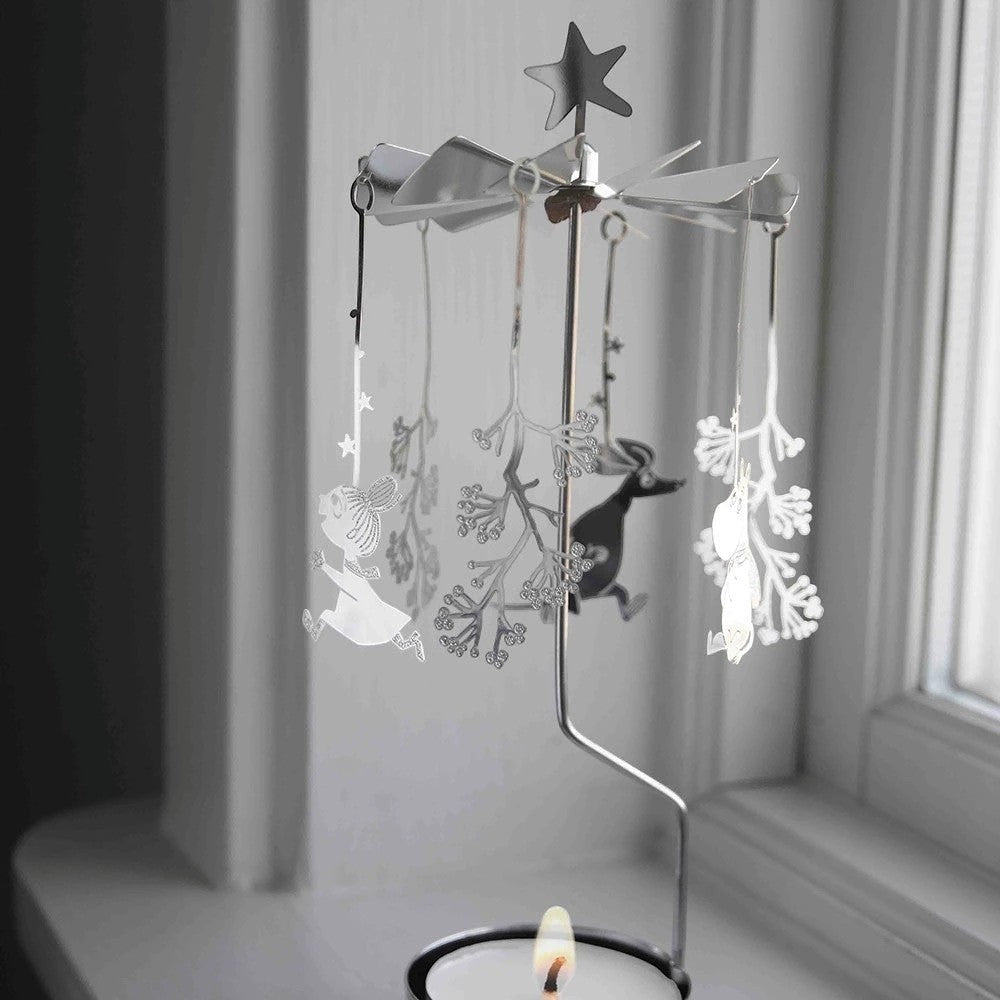 aelgmark Moomin winter scene rotating candle holder with Moomintroll and Little My figures, silver metal.