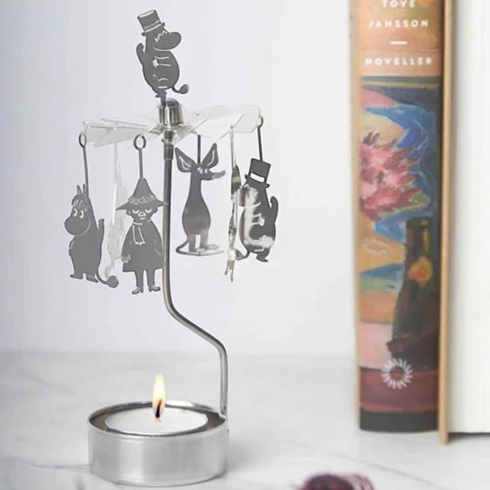 aelgmark Moomin family rotating candle holder with silver metal finish and Moomin characters. Includes candle.