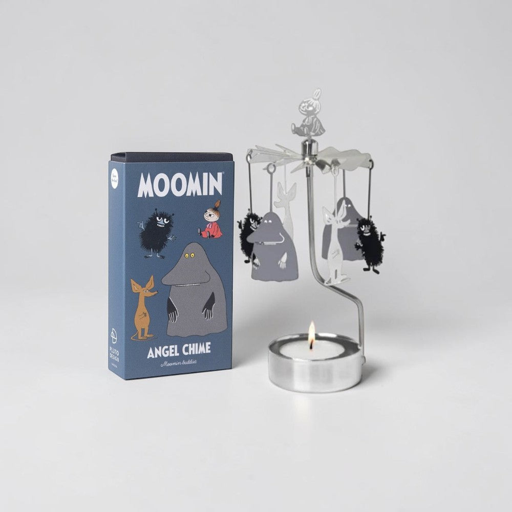 aelgmark rotating candle holder with Moomin characters including Little My, Sniff, and Snorkmaiden. Silver metal.