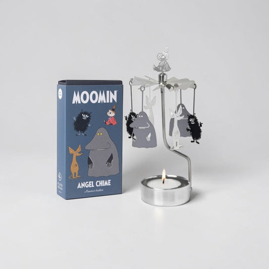 aelgmark rotating candle holder with Moomin characters including Little My, Sniff, and Snorkmaiden. Silver metal.