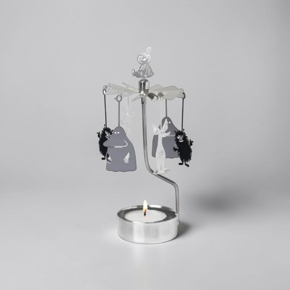 aelgmark Moomin characters rotating candle holder with candle, silver metal