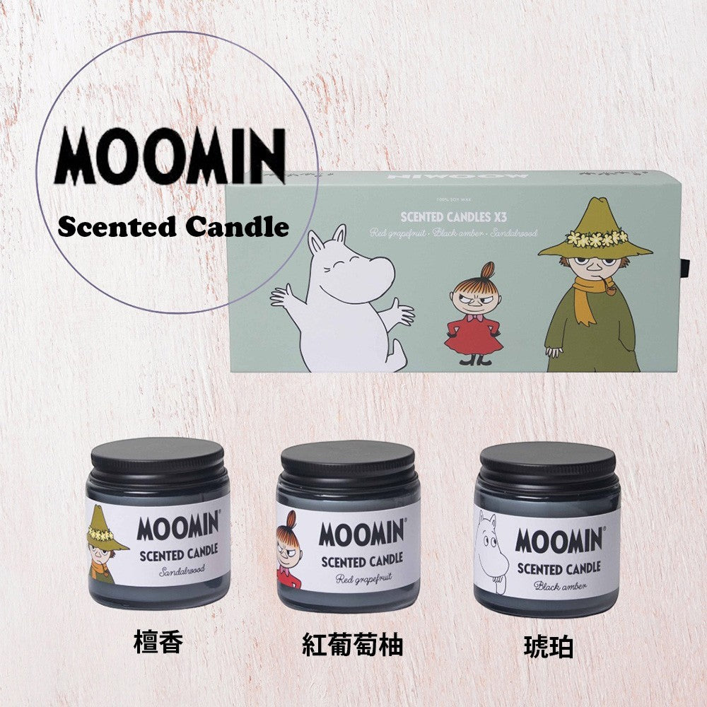 aelgmark Moomin scented candle gift set with sandalwood, red grapefruit, and black amber scents. Features Moomin characters.