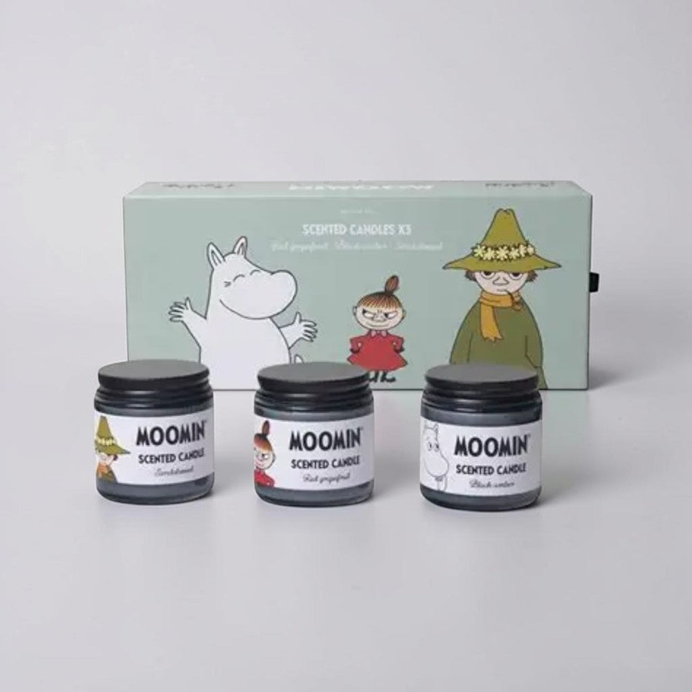 aelgmark Moomin scented candle gift set with sandalwood, red grapefruit, and amber scents. Features Moomin characters.