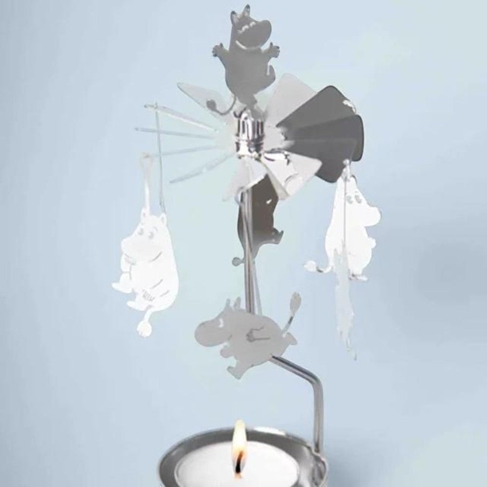aelgmark Moomin silver spinning candle holder with hanging Moomin figures and a lit candle.