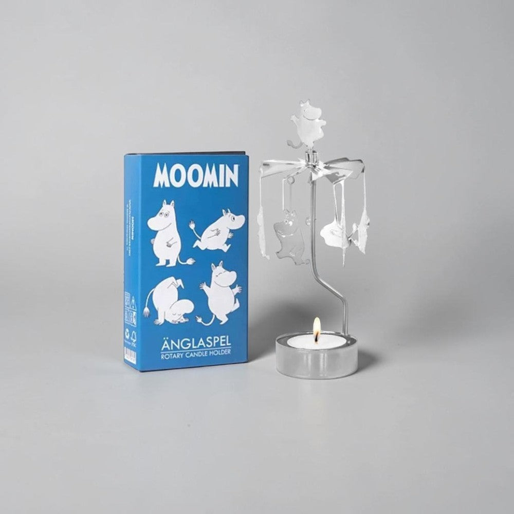 aelgmark Moomin silver spinning candle holder with hanging Moomin figures and a lit tea light.