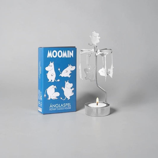 aelgmark Moomin silver spinning candle holder with hanging Moomin figures and a lit tea light.