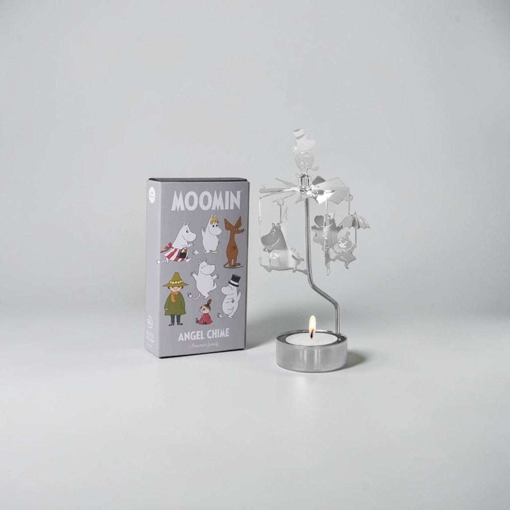 aelgmark Moomin family silver spinning candle holder with charms and included candle. Metal.