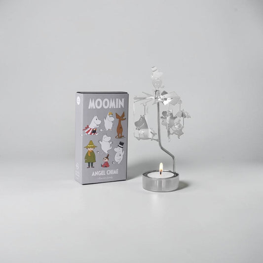 aelgmark Moomin family silver spinning candle holder with charms and included candle. Metal.