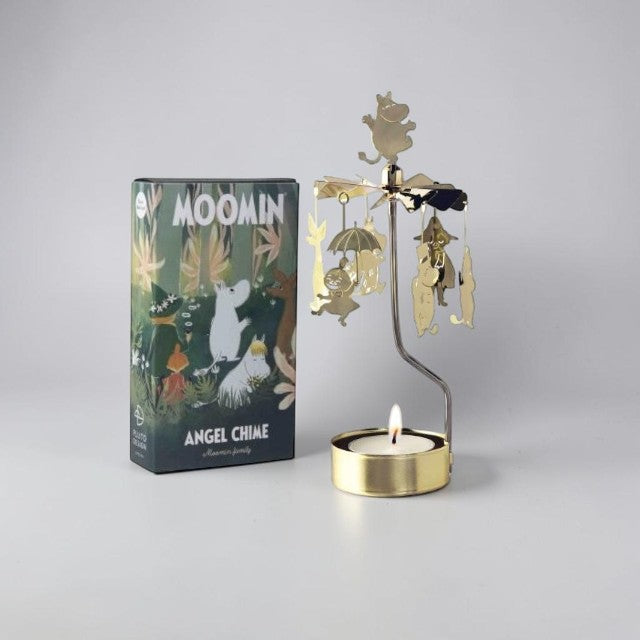 aelgmark Moomin characters spinning candle holder with a lit tea light. Gold metal.