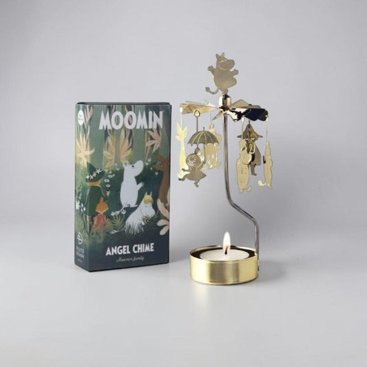 aelgmark Moomin characters spinning candle holder with a lit tea light. Gold metal.