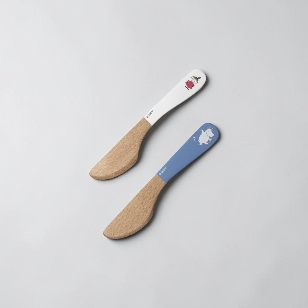 aelgmark Moomin wooden butter knives, one white with Moomin girl, one blue with Moomintroll.