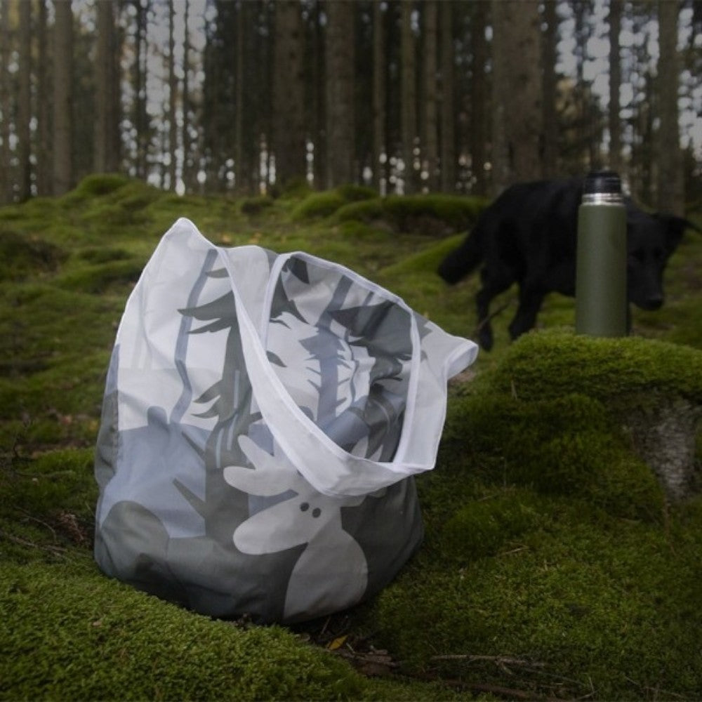aelgmark reusable shopping bag with a moose and forest print, made from recycled PET bottles.