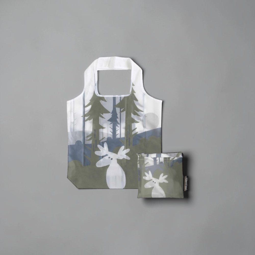aelgmark reusable shopping bag with a moose and forest print, made from recycled materials.
